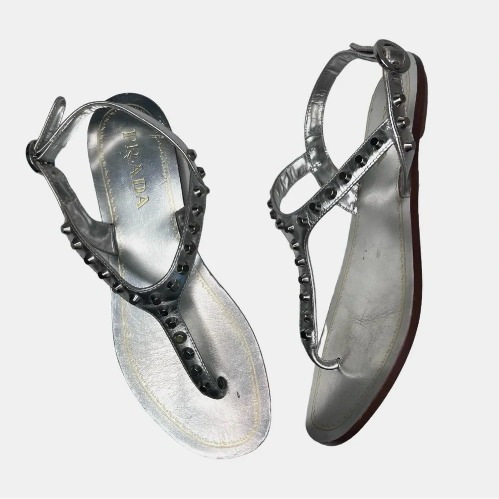 Prada silver metallic Calzature Donna capri studded T strap sandals - Picture 5 of 15